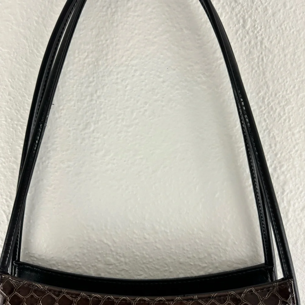 Vintage 90s Black Dark Brown Shiny Faux Leather Croc Embossed Shoulder Bag